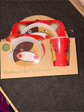 Bamboo Kids Tableware Set - Red Animal Design (Set of 3)